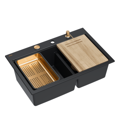 Zlew QUADRON MARC 120 PURE CARBON (czarny mat) + syfon MIEDŹ + akcesoria (HQC7650U7_PVDC1)