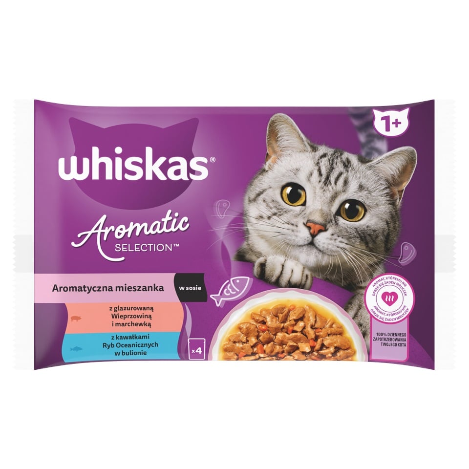 WHISKAS Adult Aromatyczna Mieszanka saszetki 4x85 g mokra karma pełnoporcjowa dla dorosłych kotów, w sosie kawałki z glazurowaną wieprzowiną i marchewką, z kawałkami ryb oceanicznych w bulionie