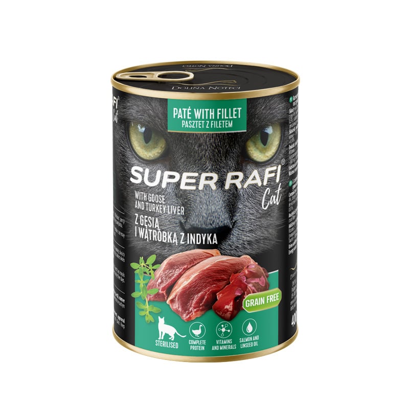 SUPER RAFI Cat z gęsią i wątróbką z indyka 400g mokra karma dla kotów sterylizowanych