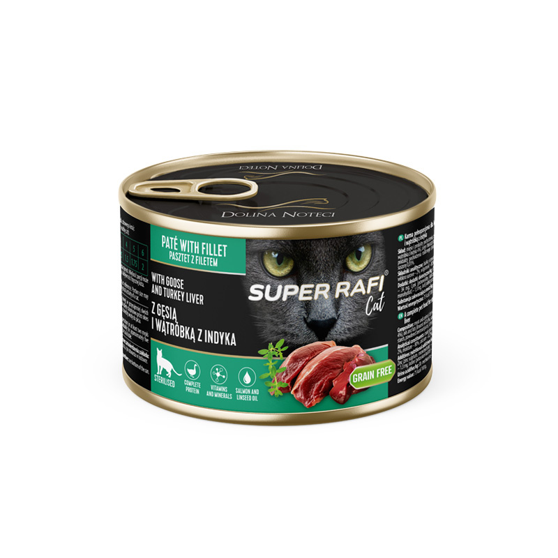SUPER RAFI Cat z gęsią i wątróbką z indyka 185g mokra karma dla kotów sterylizowanych
