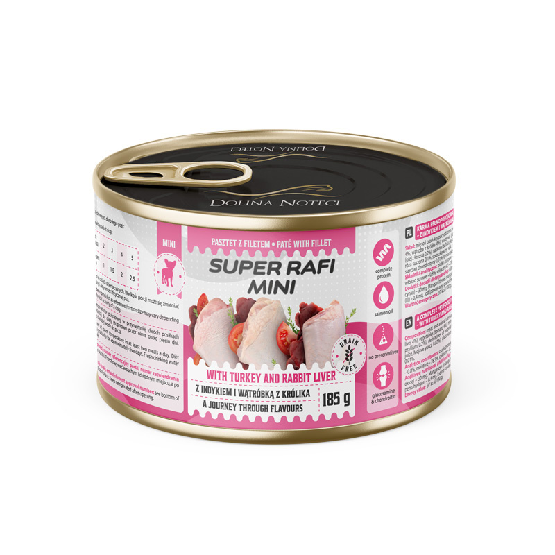 SUPER RAFI Mini z indykiem i wątróbką z królika 185g mokra karma dla psów małych ras