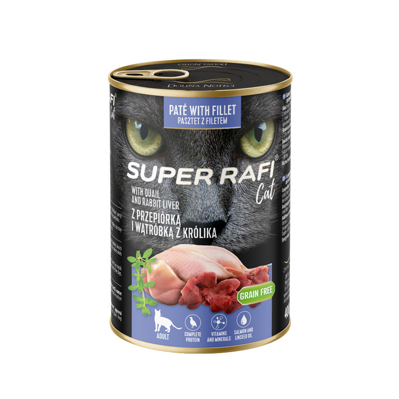 SUPER RAFI Cat z przepiórką i wątróbką z królika 400g mokra karma dla kota
