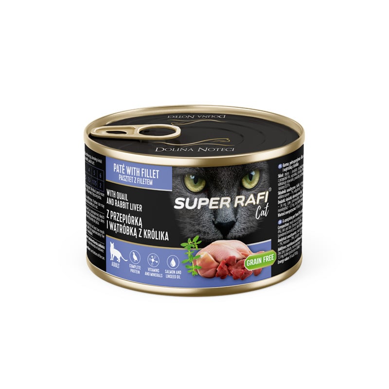 SUPER RAFI Cat z przepiórką i wątróbką z królika 185g mokra karma dla kota
