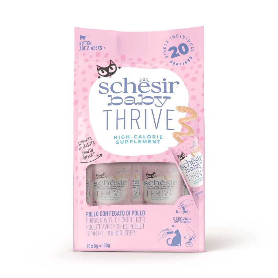 SCHESIR Baby Thrive Kurczak z wątróbką kurczaka w kremie 20x8 g Uzupełniająca karma dla kociąt
