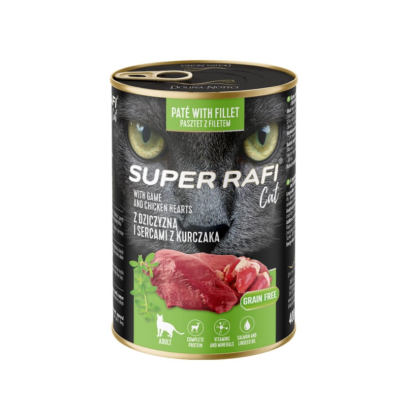 SUPER RAFI Cat z dziczyzną i sercami z kurczaka 400g mokra karma dla kota