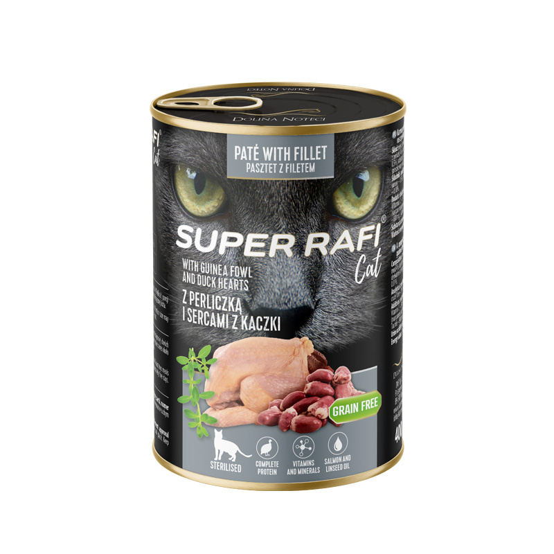 SUPER RAFI Cat z perliczką i sercami z kaczki 400g mokra karma dla kotów sterylizowanych