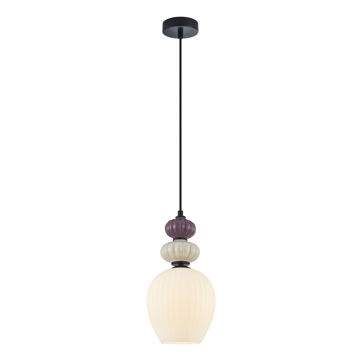 DOMALI lampa wisząca czarna klosz biały ryflowany 17,5cm ceramika szara fioletowa 1xE27 PND-36816-1B-BK-WH