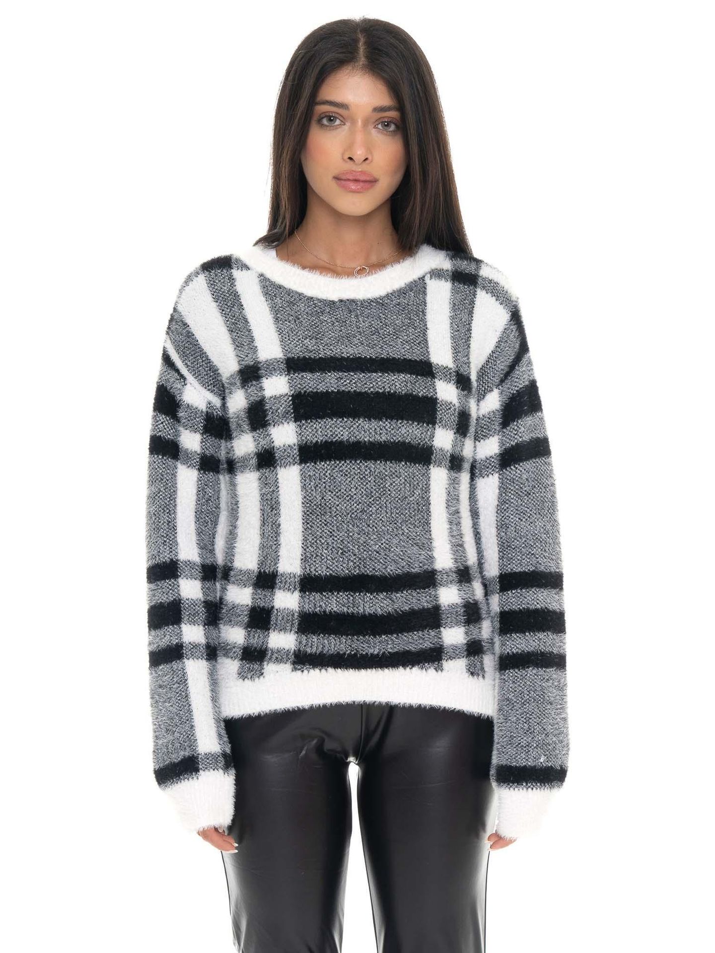 Leone 1947 Glam Winter damski sweter w kratkę z okrągłym dekoltem i metką z logo
