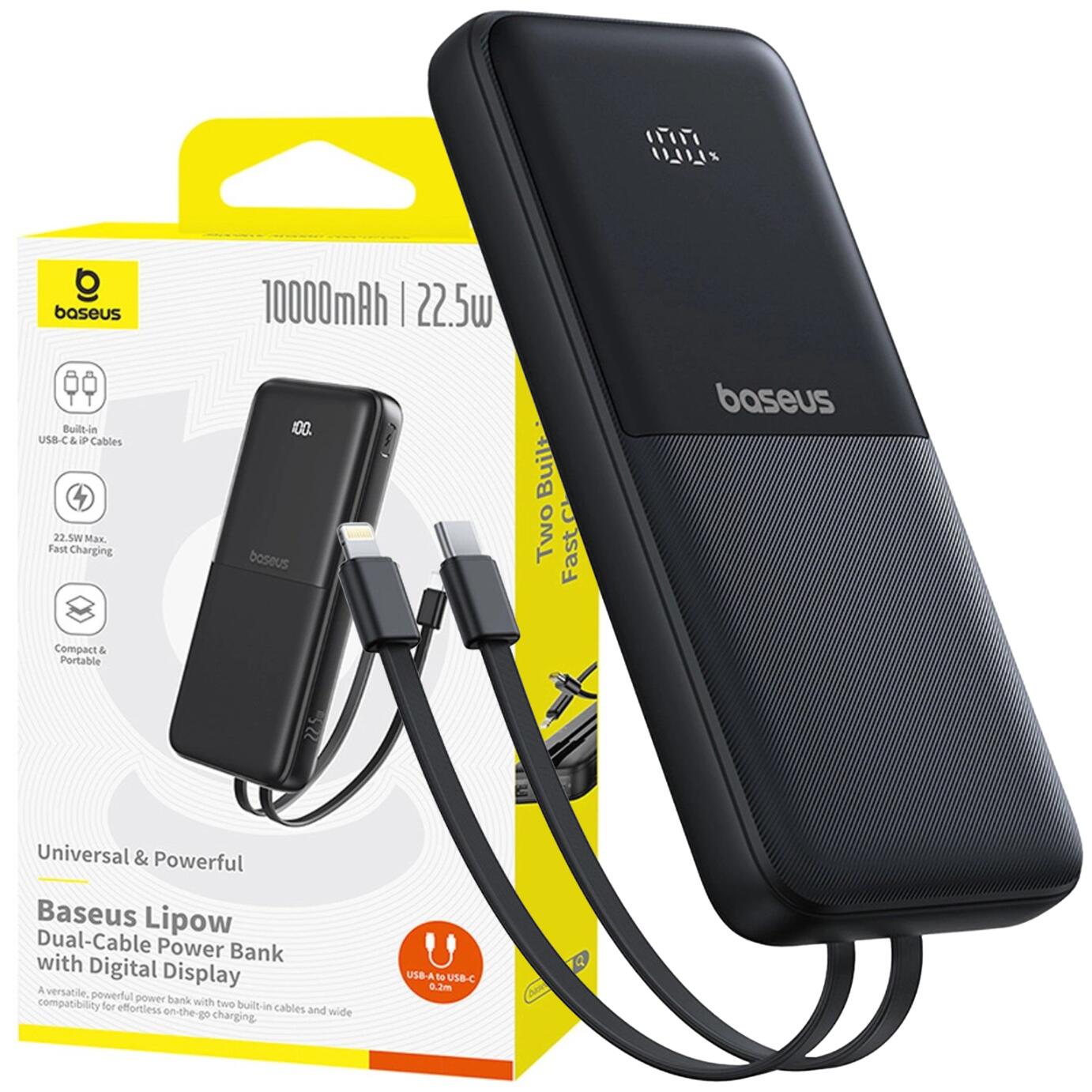 Powerbank 10000mAh 22.5W z wyświetlaczem kablami USB-C iPhone Lightning Lipow - czarny