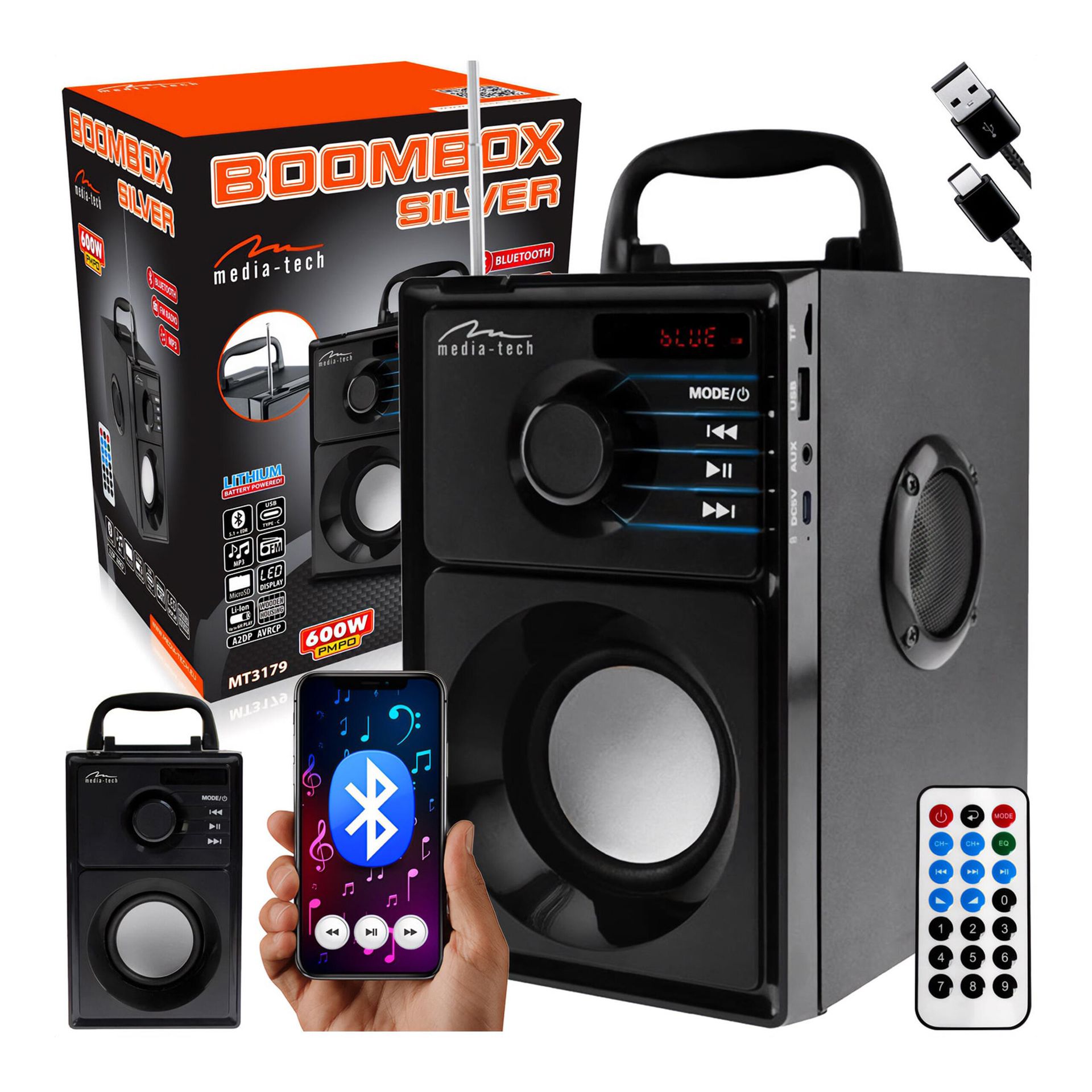 Głośnik bezprzewodowy Boombox MT3179 15W USB-C Srebrny