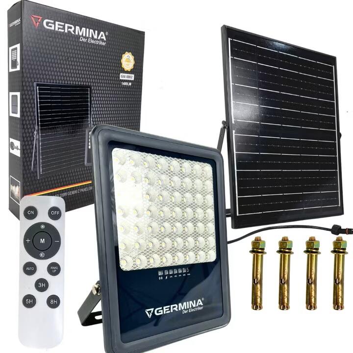 Naświetlacz LED z panelem solarnym 300W b.zimna 5000K 2000lm GEMINI sterowany pilotem panel jako osobny element na przewodzie IP65 GERMINA