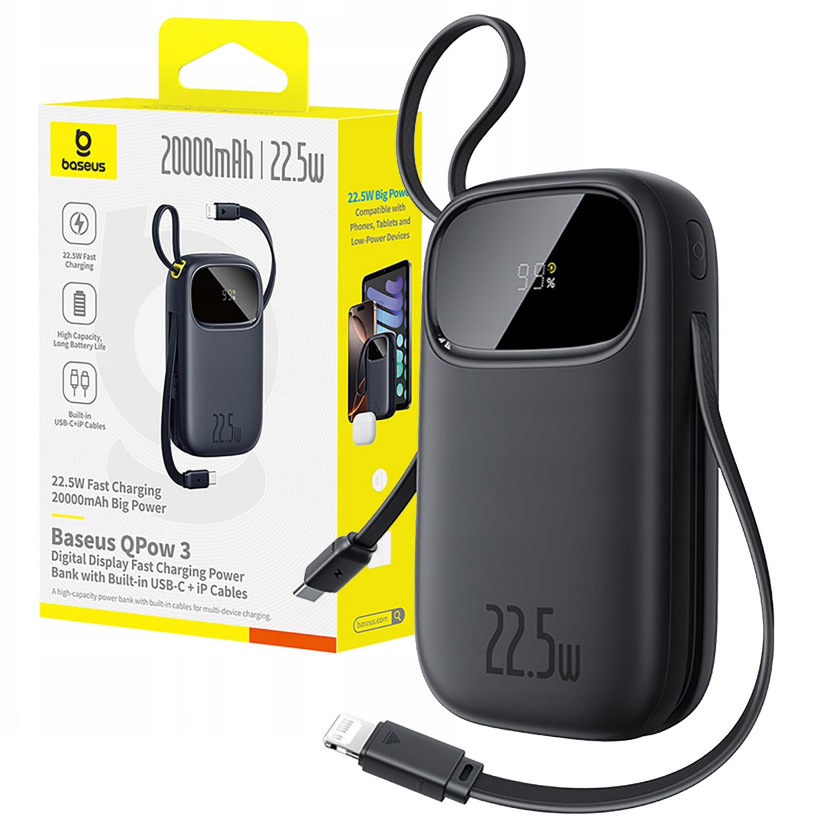 Powerbank Baseus EnerFill FC31 20000mAh 22.5W z wyświetlaczem cyfrowym i 2 wbudowanymi kablami USB-C + Lightning - czarny