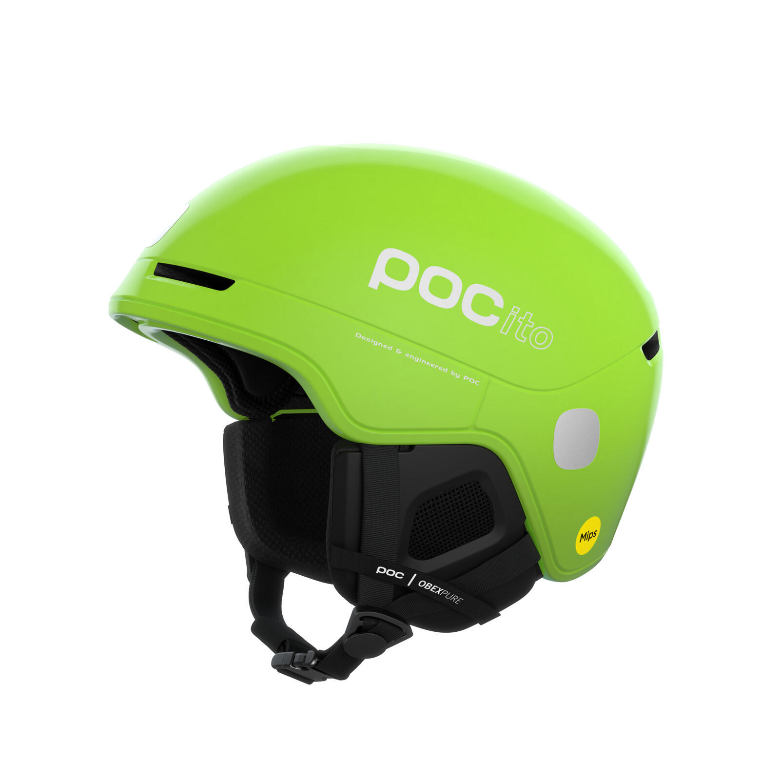POC POCito Obex MIPS lekki i regulowany kask narciarski dla dzieci z reflektorem RECCO, fluorescencyjny żółty/zielony, M-L (55-58 cm)