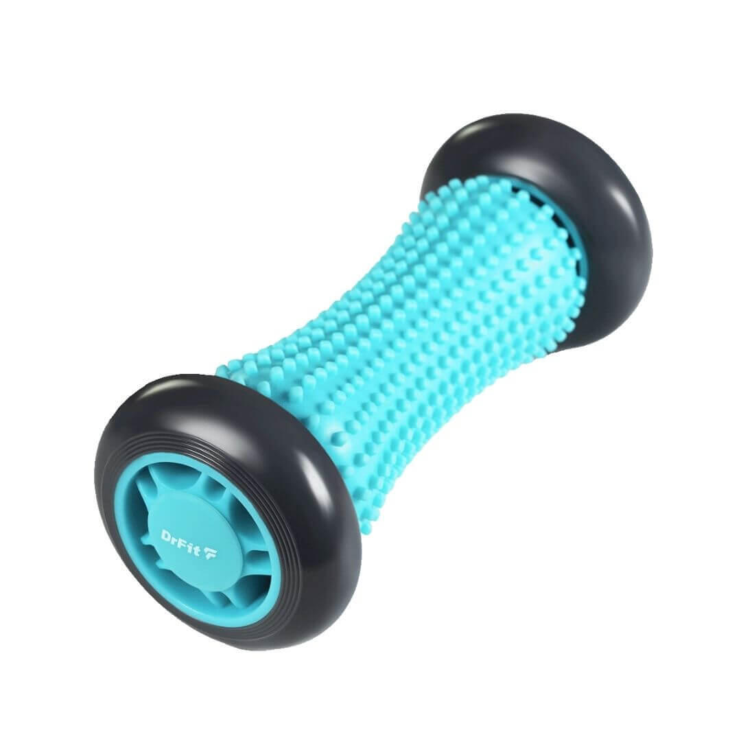 Roller do masażu ciała wałek do regeneracji stóp z wypustkami fioletowy 17cm (szare koła) DrFit