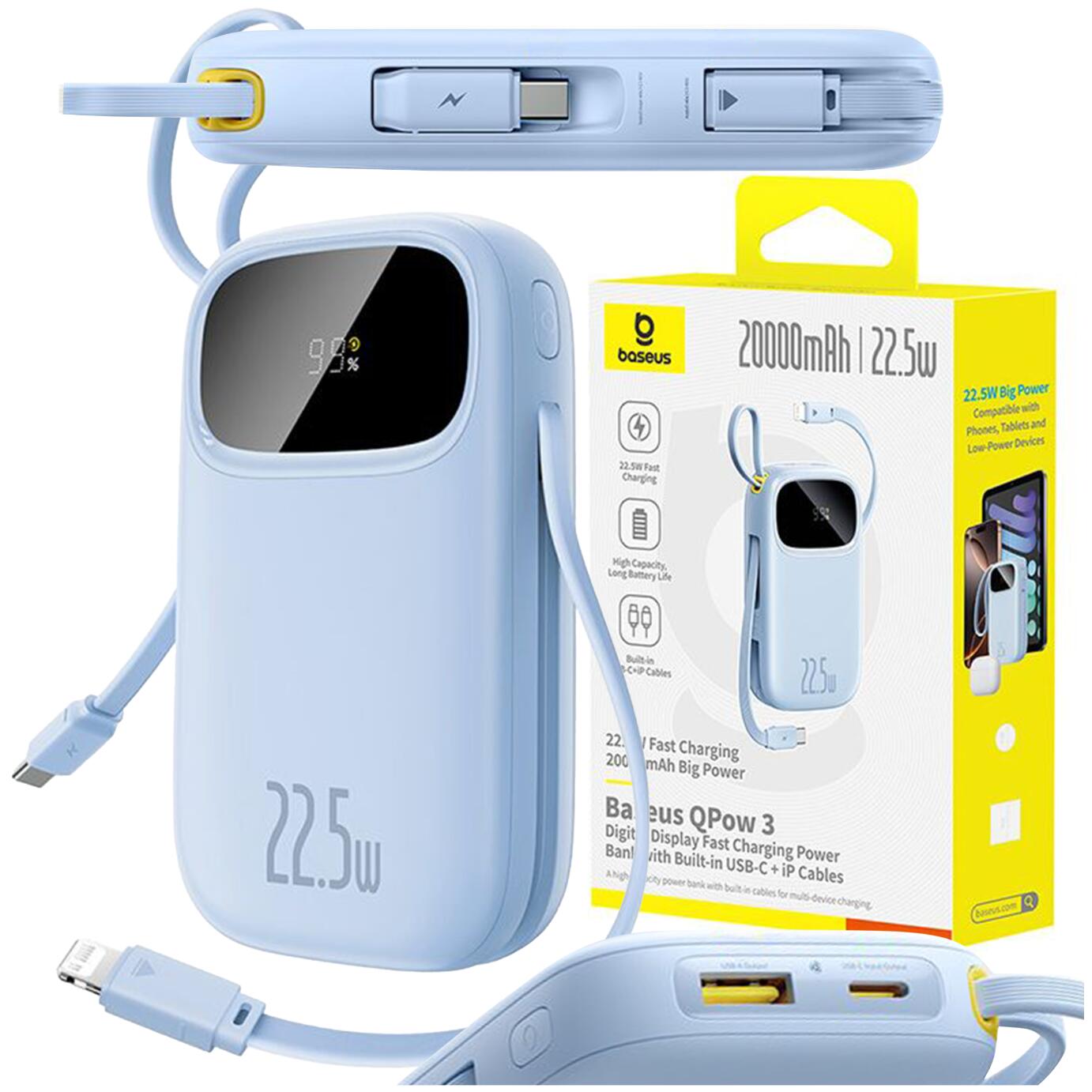 Powerbank Baseus Powerbank 20000mAh z wyświetlaczem wbudowanymi kablami EnerFill FC31 22.5W - niebieski Powerbank 20000mAh z wyświetlaczem wbudowanymi kablami EnerFill FC31 22.5W - niebieski