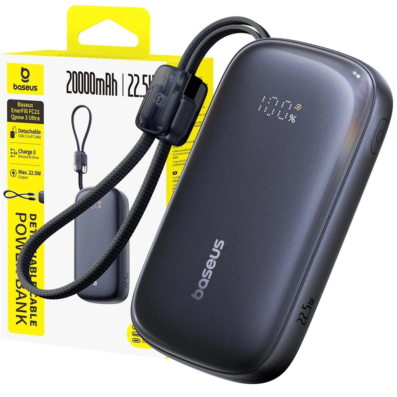 Powerbank 20000mAh 22.5W z wyświetlaczem kablem EnerFill FC21 Qpow 3 Ultra - czarny