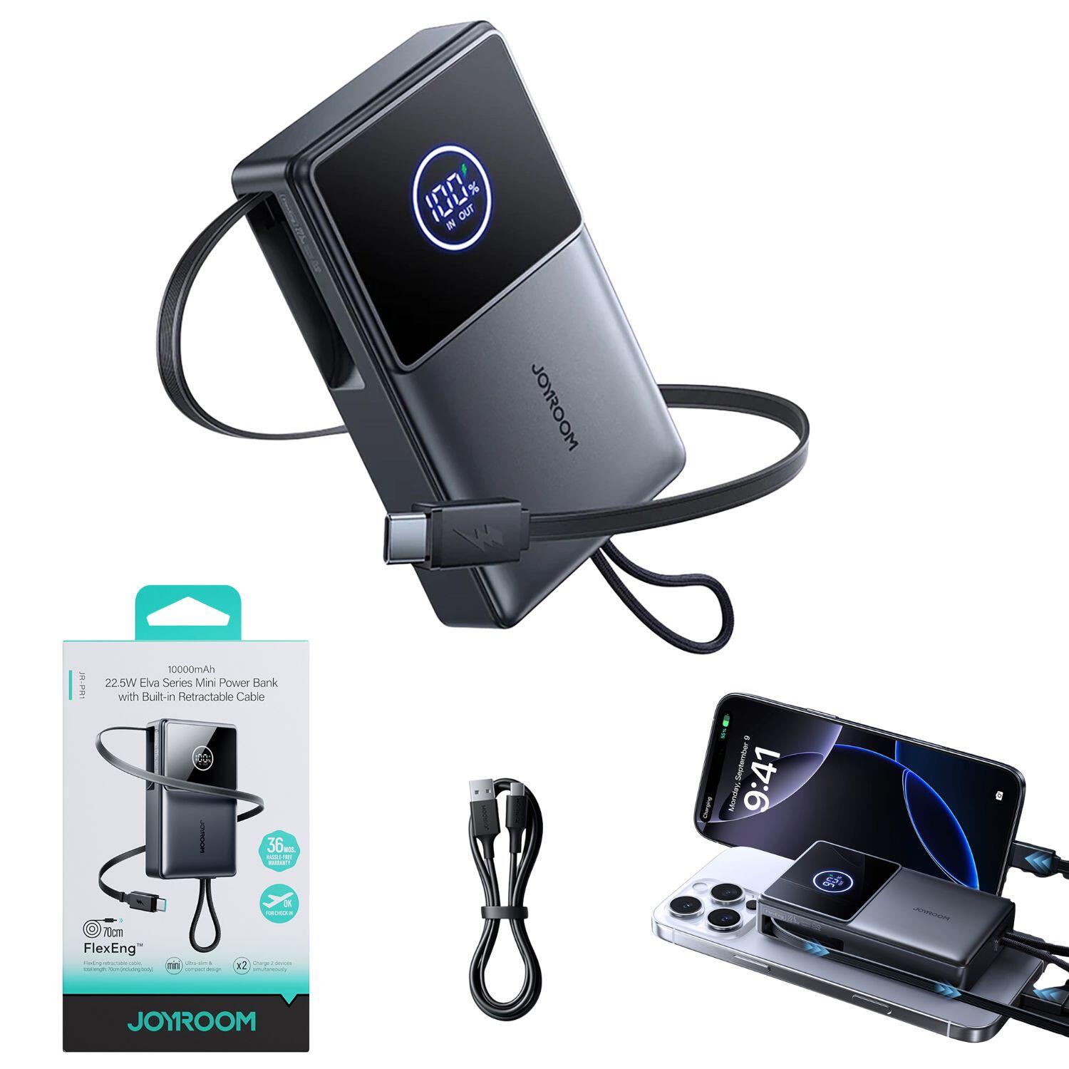 Powerbank Joyroom JR-PR1 10000mAh 22,5W z wbudowanym zwijanym kablem USB-C - czarny