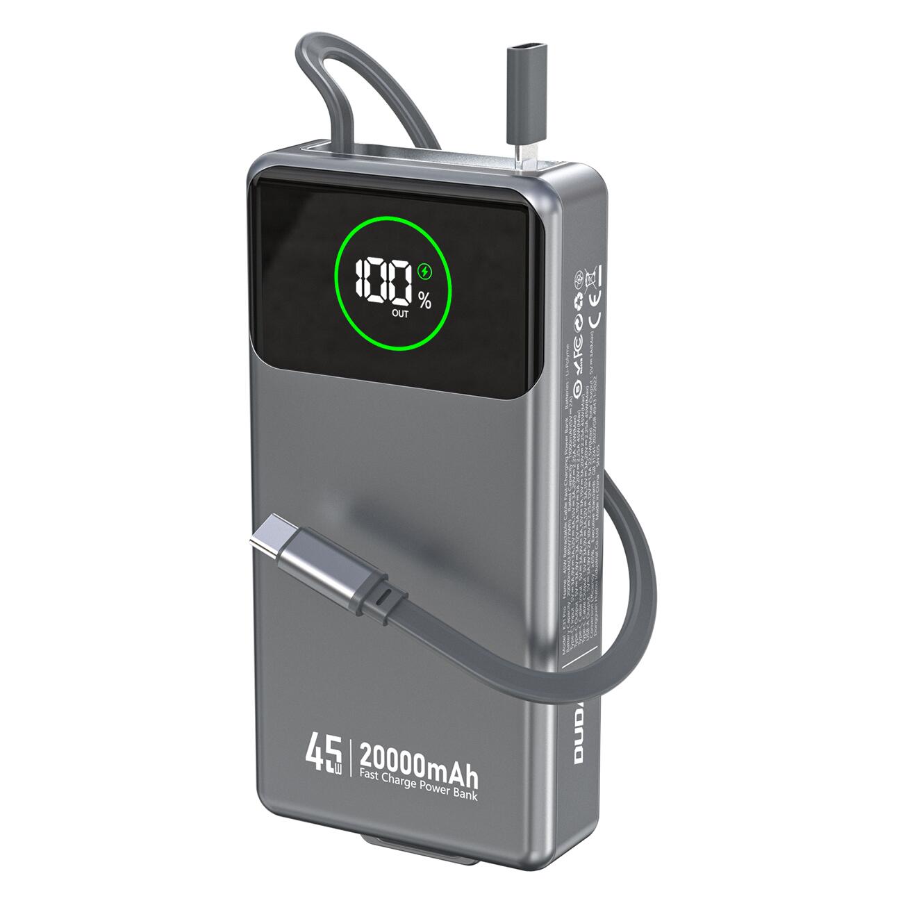 Powerbank K31 Pro 20000mAh ze zwijanym kablem USB-C 45W - szary
