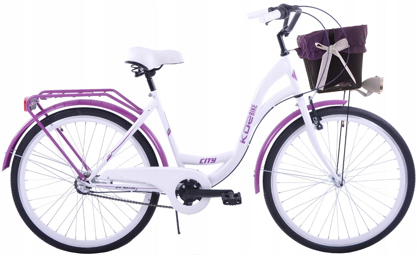 Rower miejski 28 damski Kozbike K36 3s biało-fioletowy z koszem i wkładką