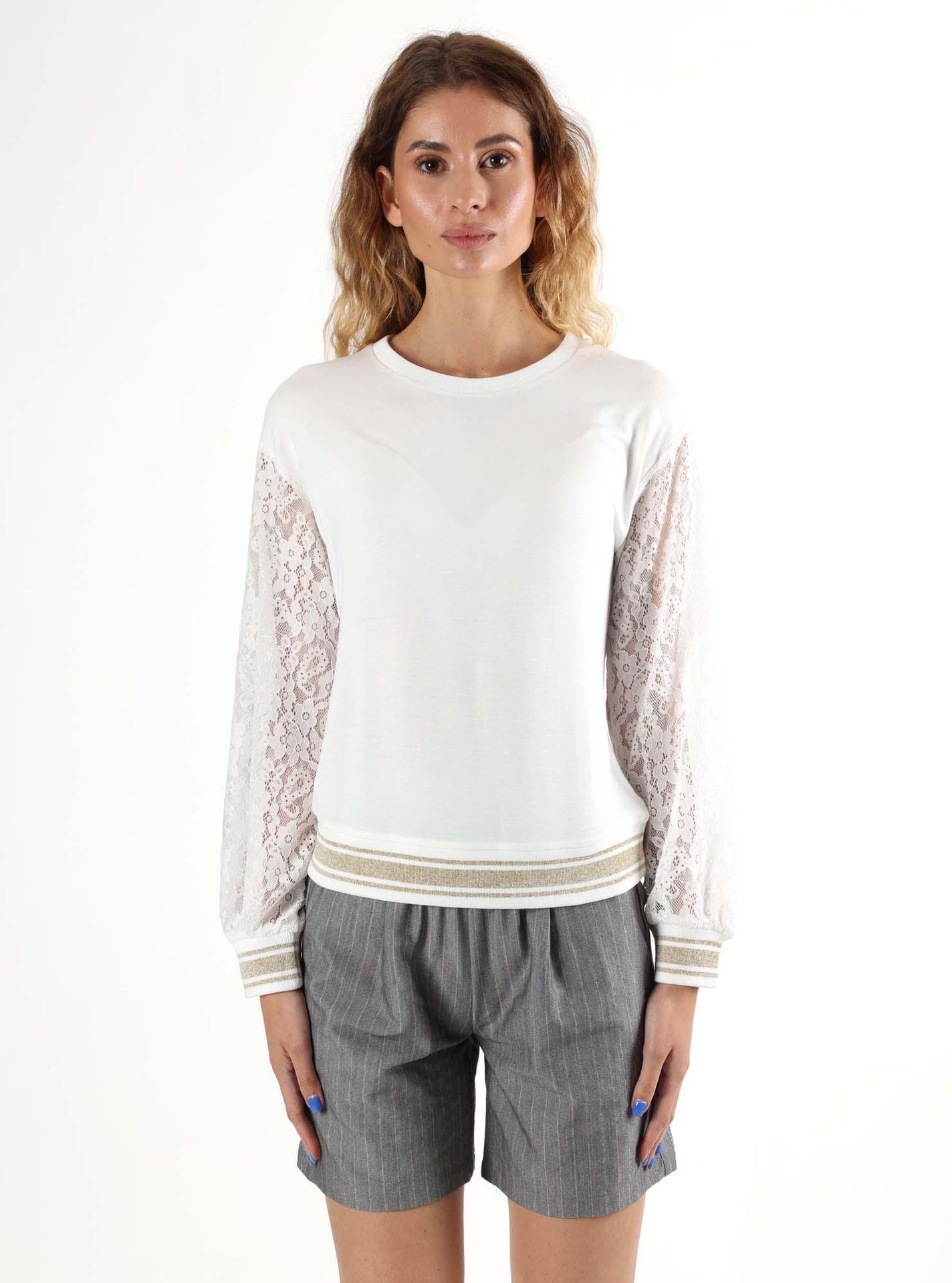 Bluzy damskie Leone Lace z okrągłym dekoltem i wciąganym kołnierzem