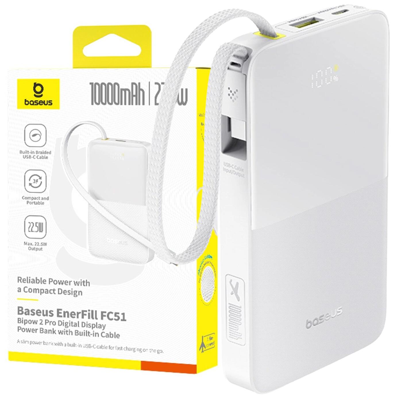 Baseus EnerFill FC51 Bipow2 Pro Digital Display 10000mAh Wbudowany kabel USB-C 22,5W Biały