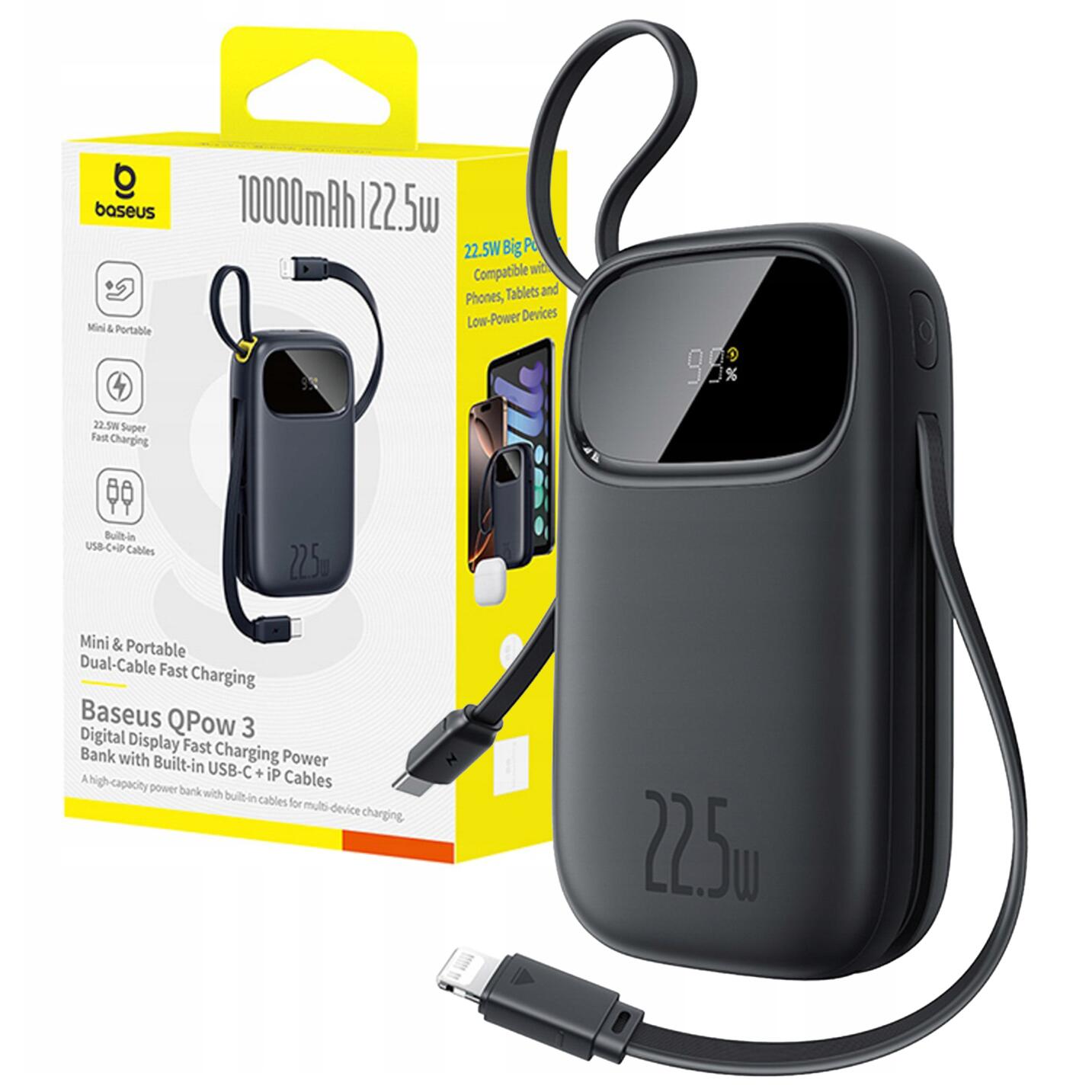 Powerbank Baseus EnerFill FC31 10000mAh 22.5W z wyświetlaczem cyfrowym i 2 wbudowanymi kablami USB-C + Lightning - czarny