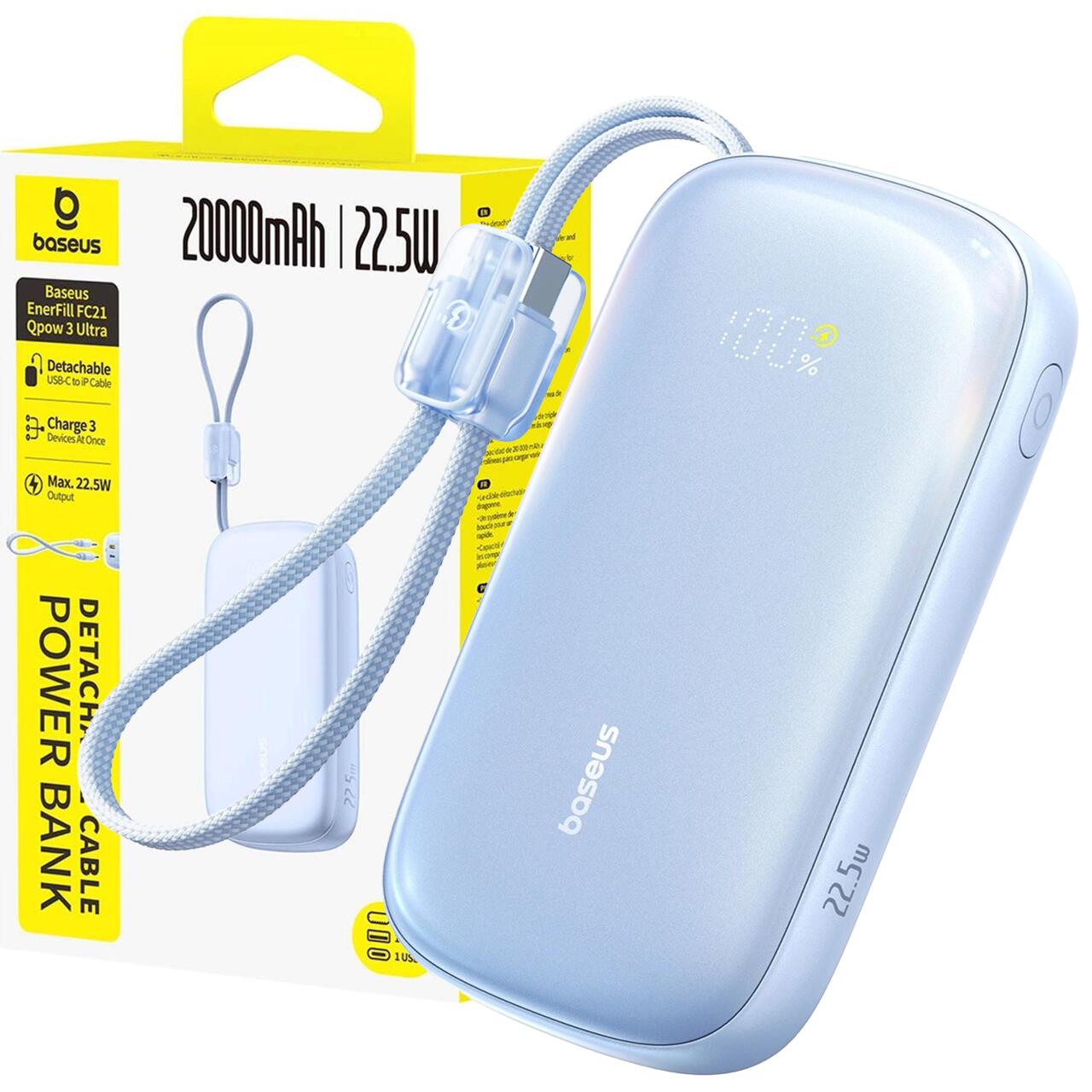Powerbank 20000mAh 22.5W z wyświetlaczem kablem EnerFill FC21 Qpow 3 Ultra - niebieski