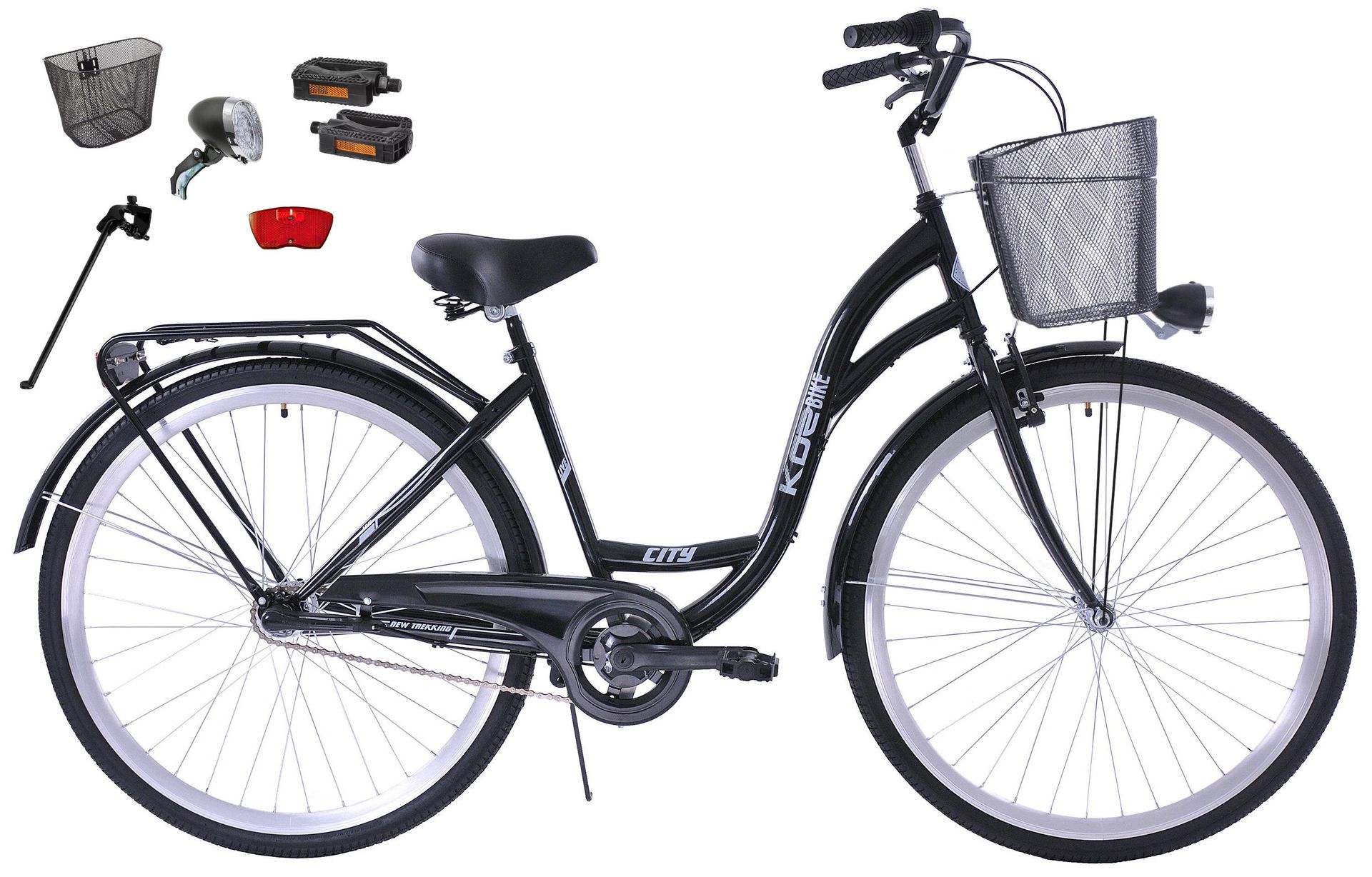 Rower miejski 28 damski Kozbike (K14) 3S czarny z metalowym koszem