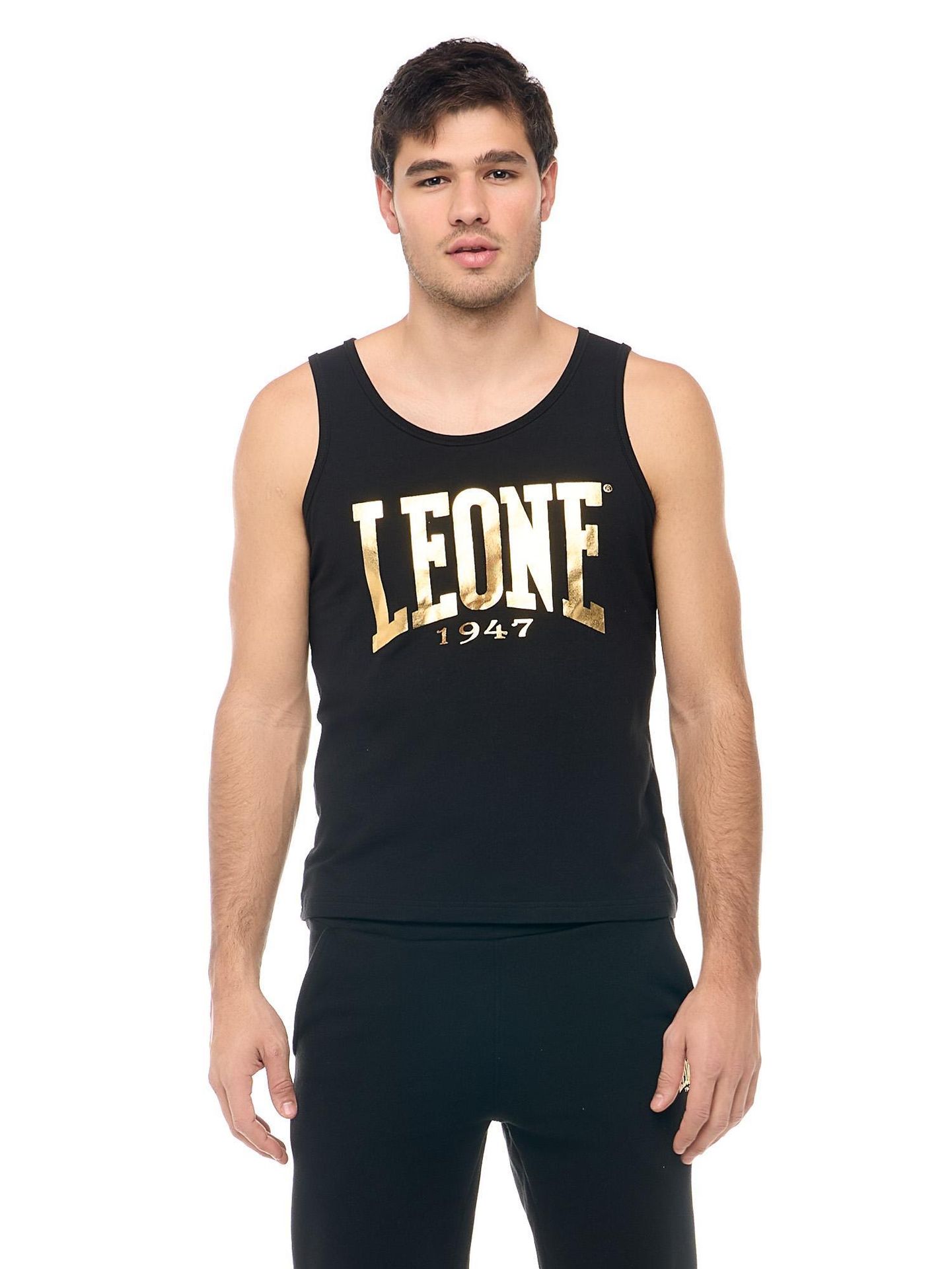 Męski top bez rękawów Leone 1947 Apparel z dużym złotym logo. Na trening.