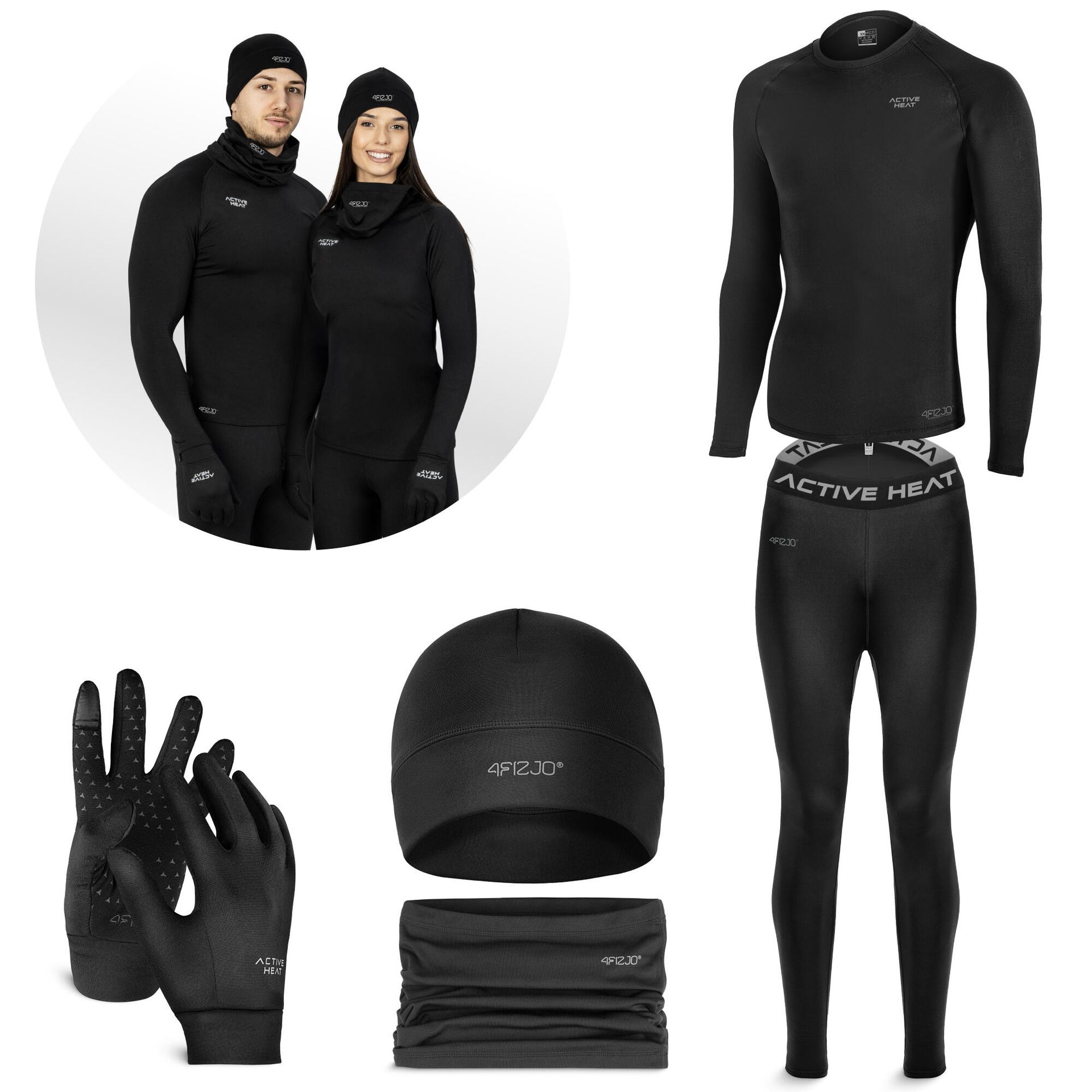 Czarny komplet termiczny unisex 4FIZJO 5 el. - rozmiar XL