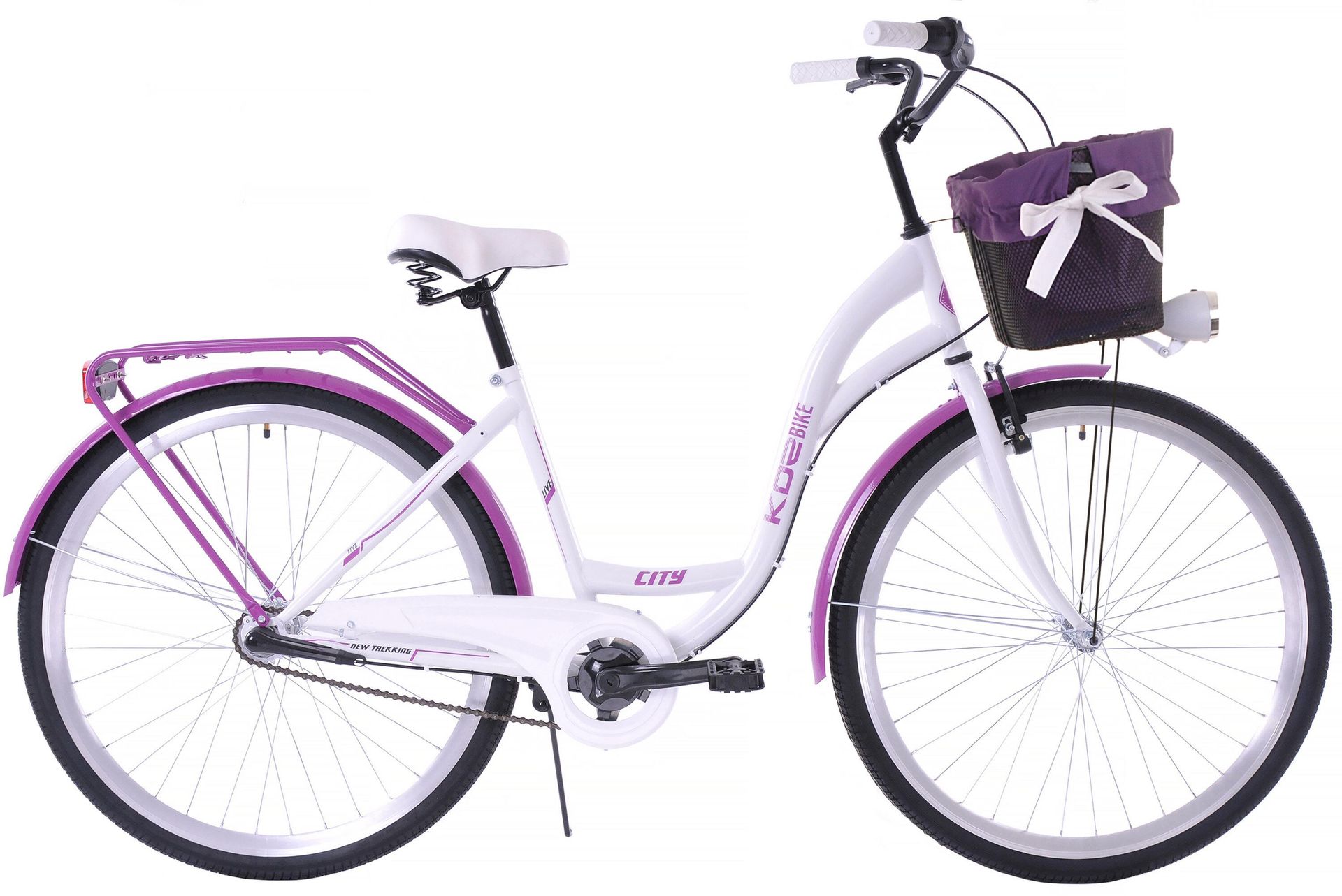 Rower miejski 28 damski Kozbike (K36) 3S biało-fioletowy z koszem i wkładką