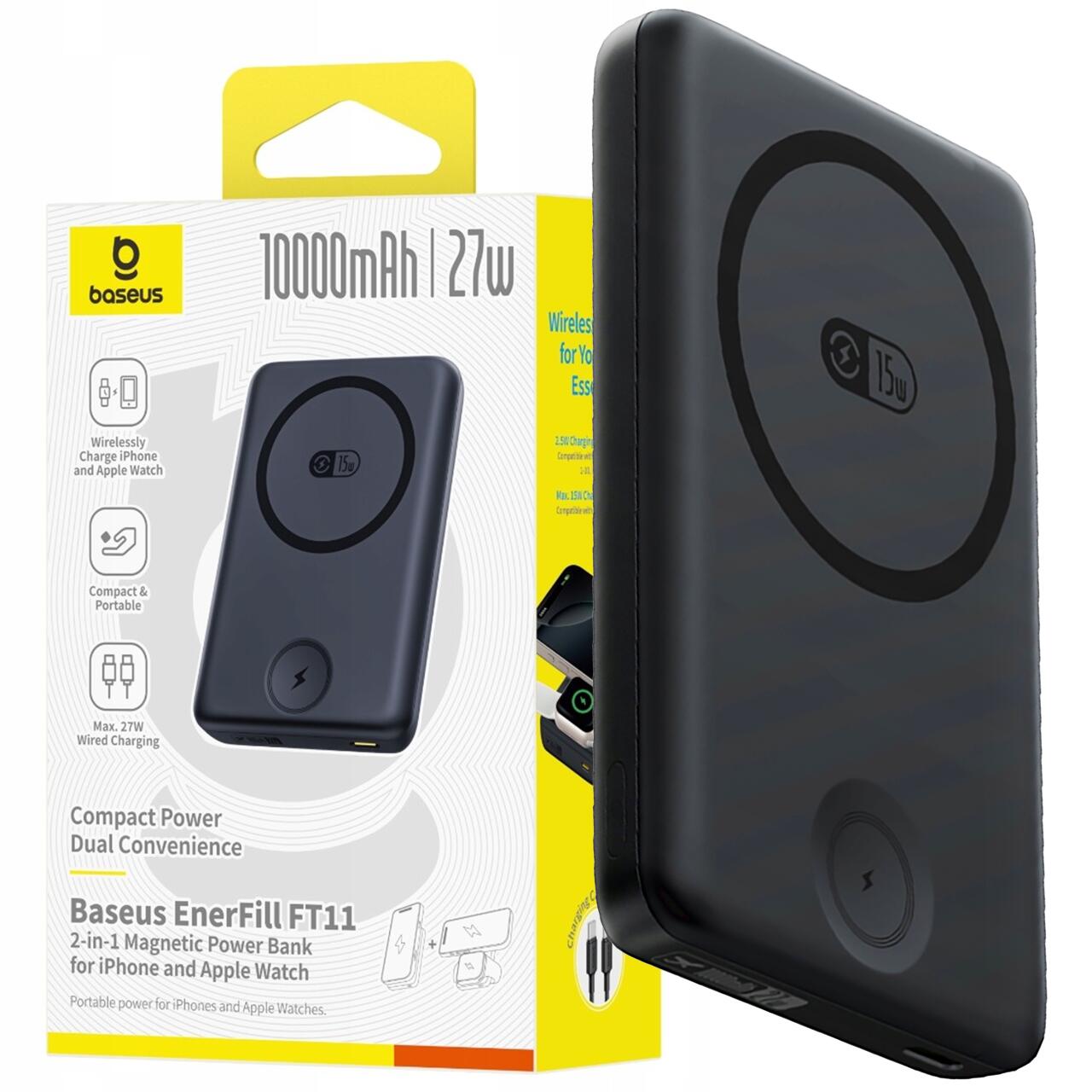 Powerbank 2w1 10000mAh USB-C do iPhona Apple Watch MagSafe 27W z kablem USB-C - czarny