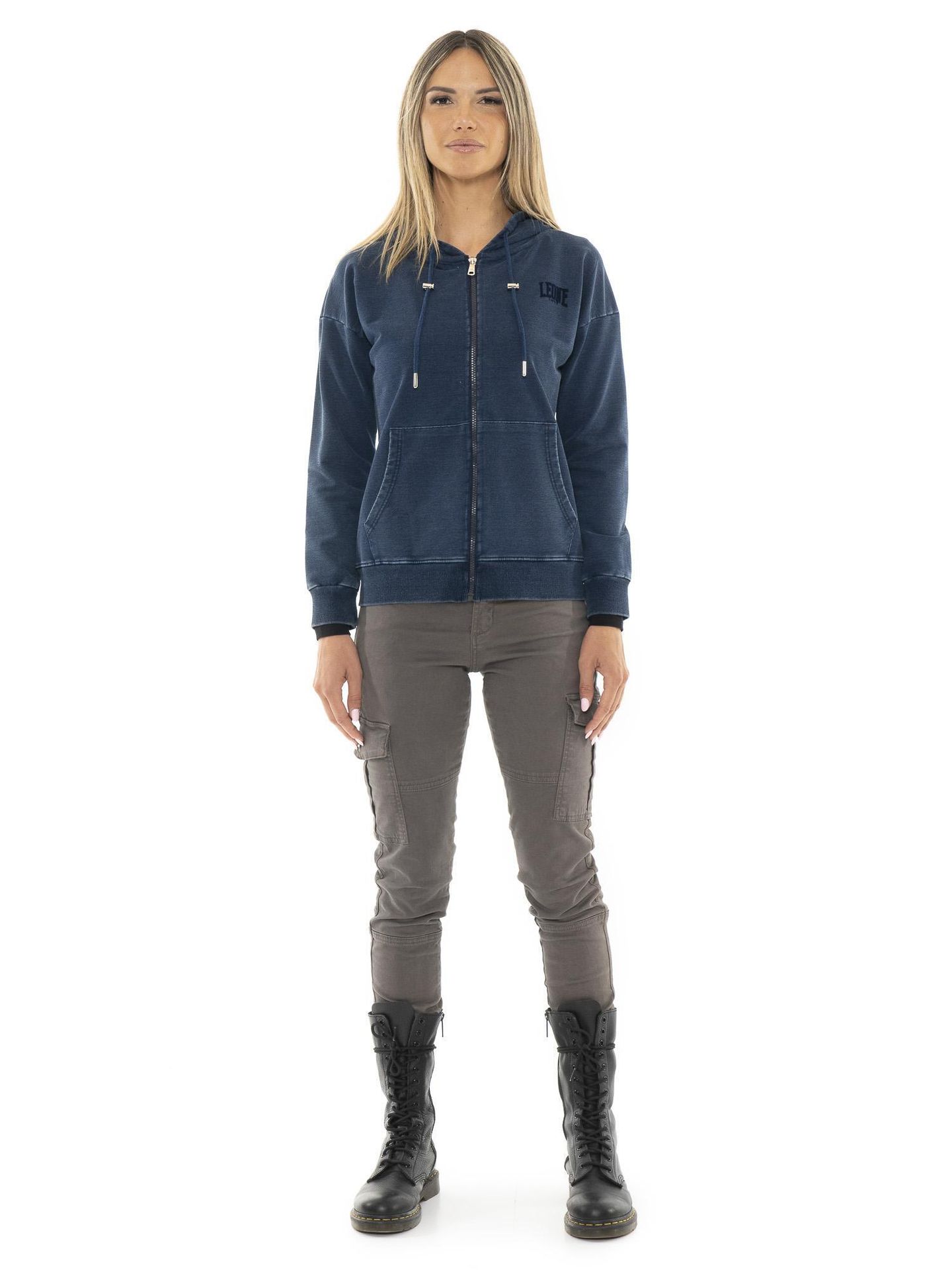 Damskie bluzy z kapturem i zamkiem błyskawicznym w kolorze indygo denim