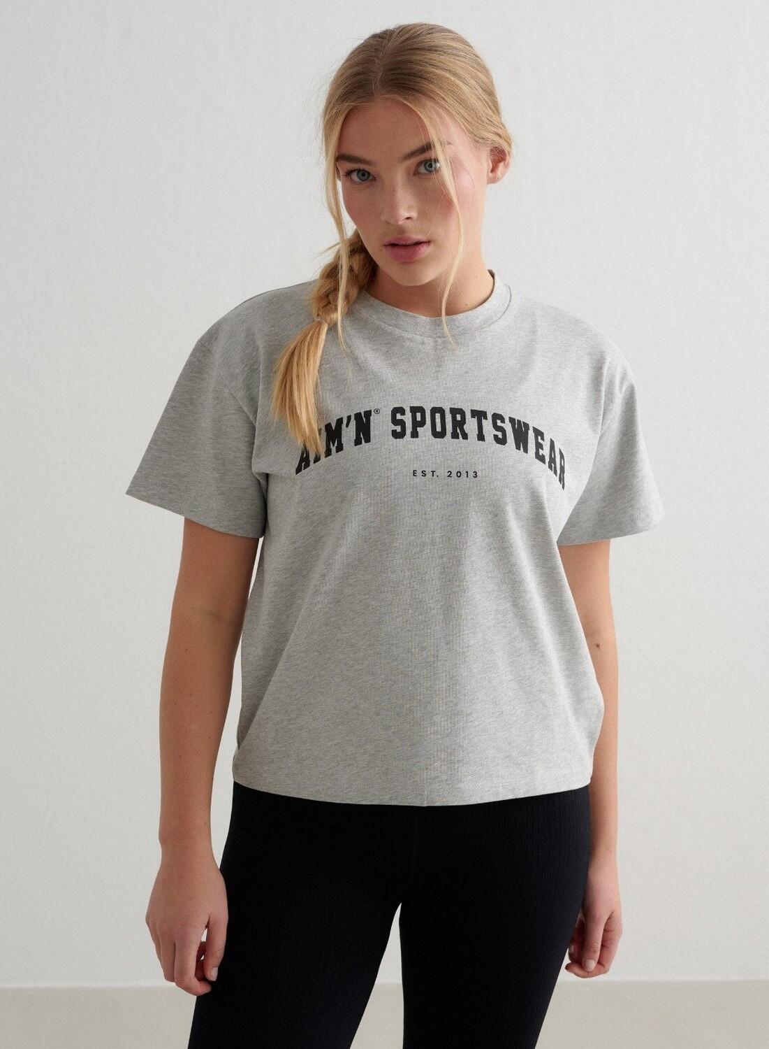 Damski T-shirt, krótki rękaw, pudełkowy, bawełniany Varsity szary melanż