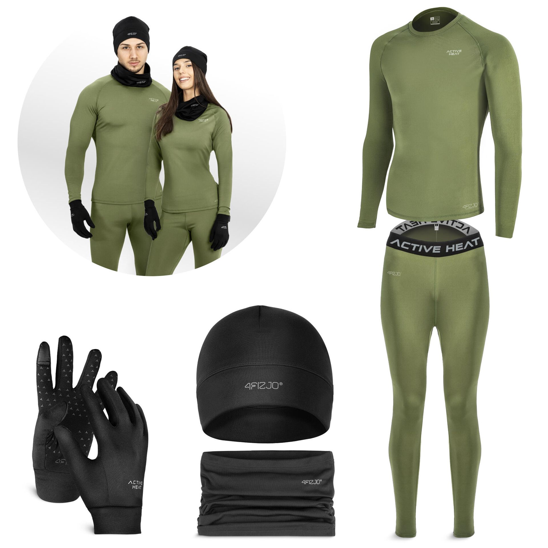 Odzież termiczna unisex 4FIZJO czarno-zielony 5 elementów - rozmiar XL