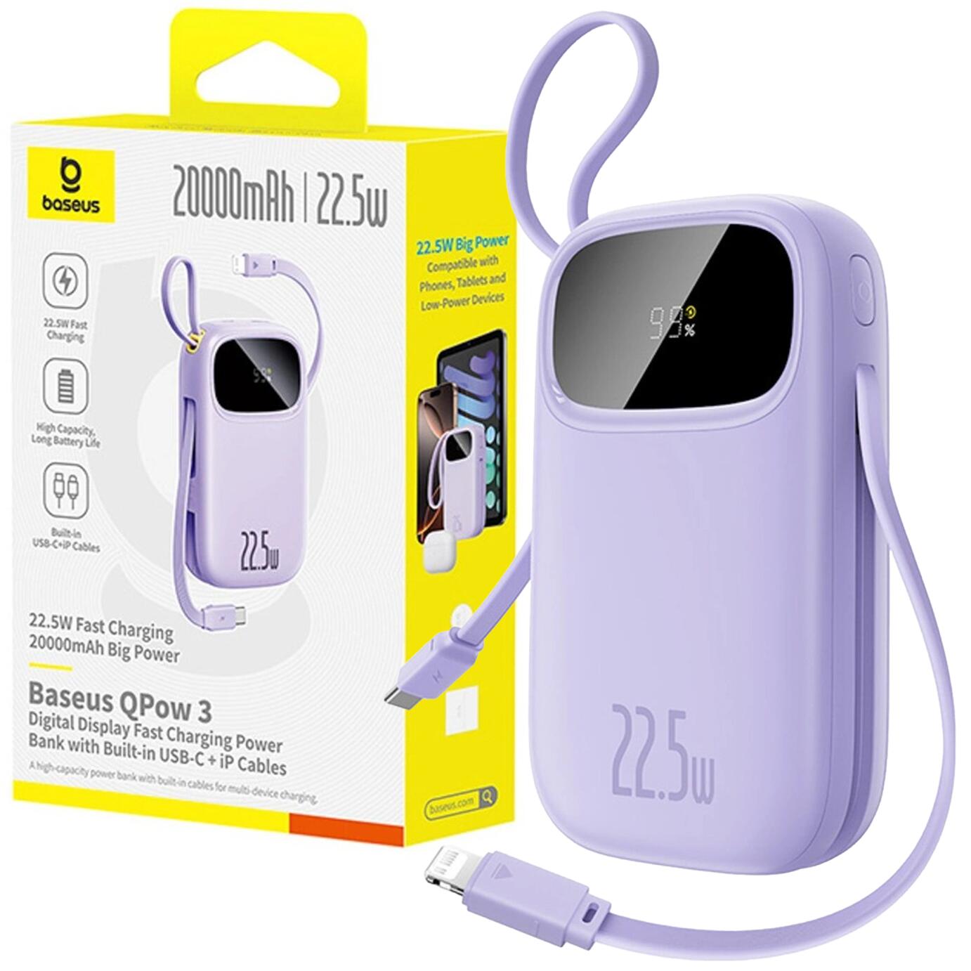 Powerbank 20000mAh 22.5W z wyświetlaczem kablem EnerFill FC21 Qpow 3 Ultra - fioletowy
