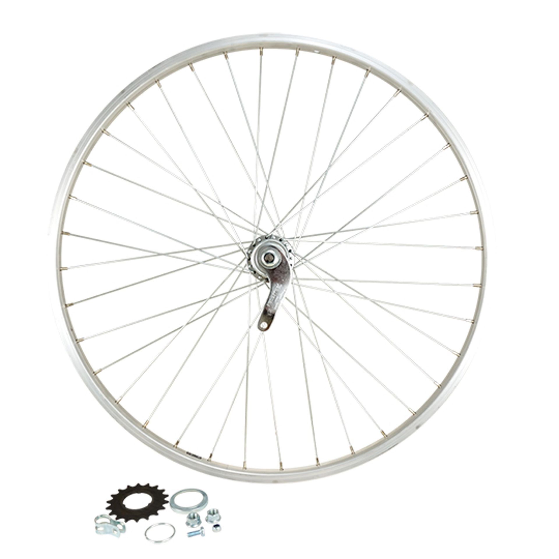 Tył koła rowerowego, nakrętka, oś pełna, obręcz aluminiowa Velox Moy. Velosteel
