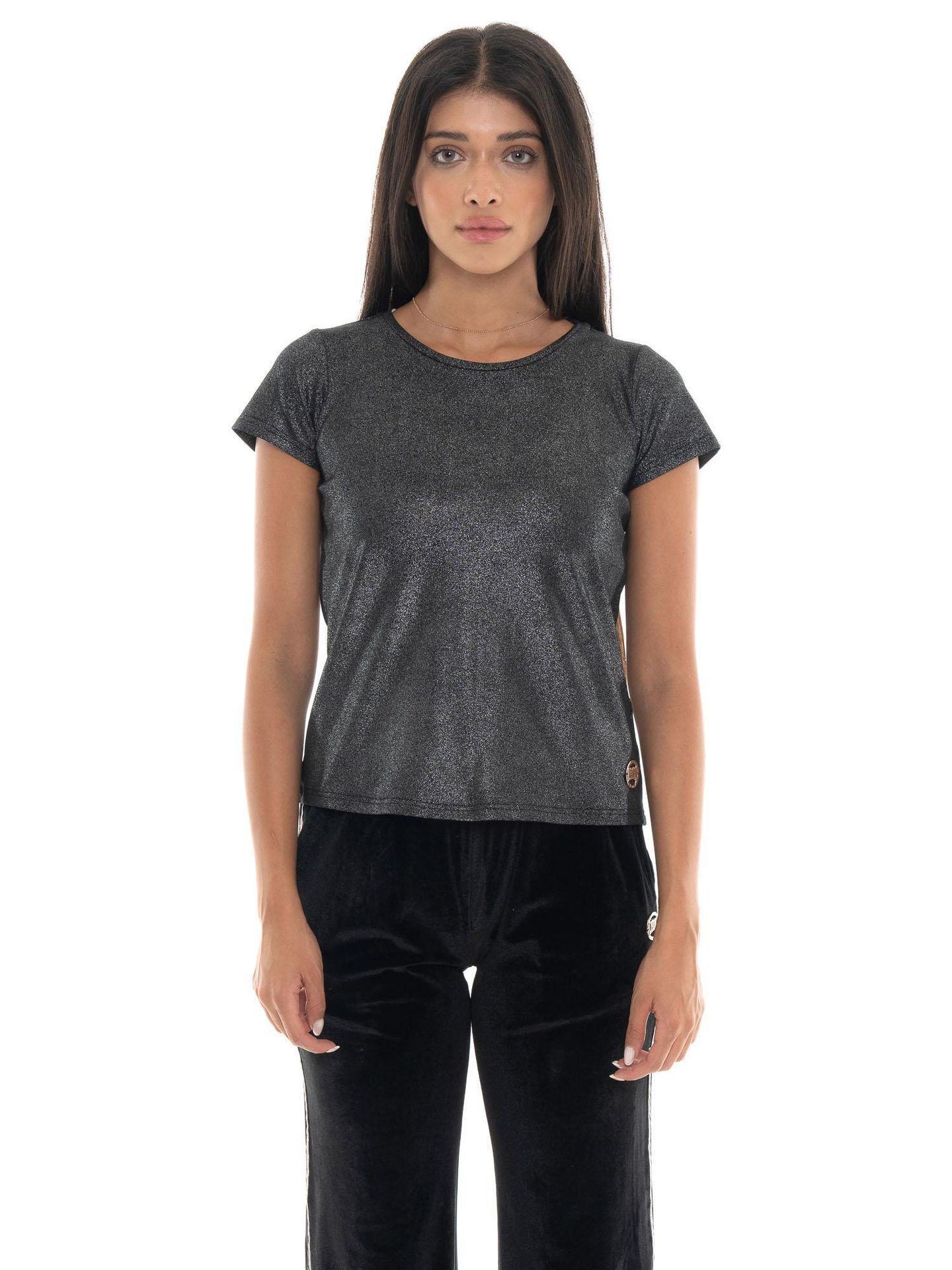 Leone 1947 Damen-T-Shirt ze złotymi Nieten und kurzen Ęrmeln aus Lurex