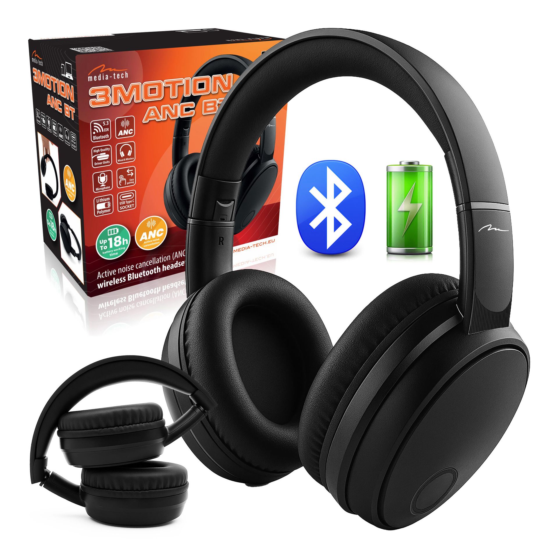 Media-Tech 3MOTION ANC BT Nauszne Bluetooth 5.3 Czarny