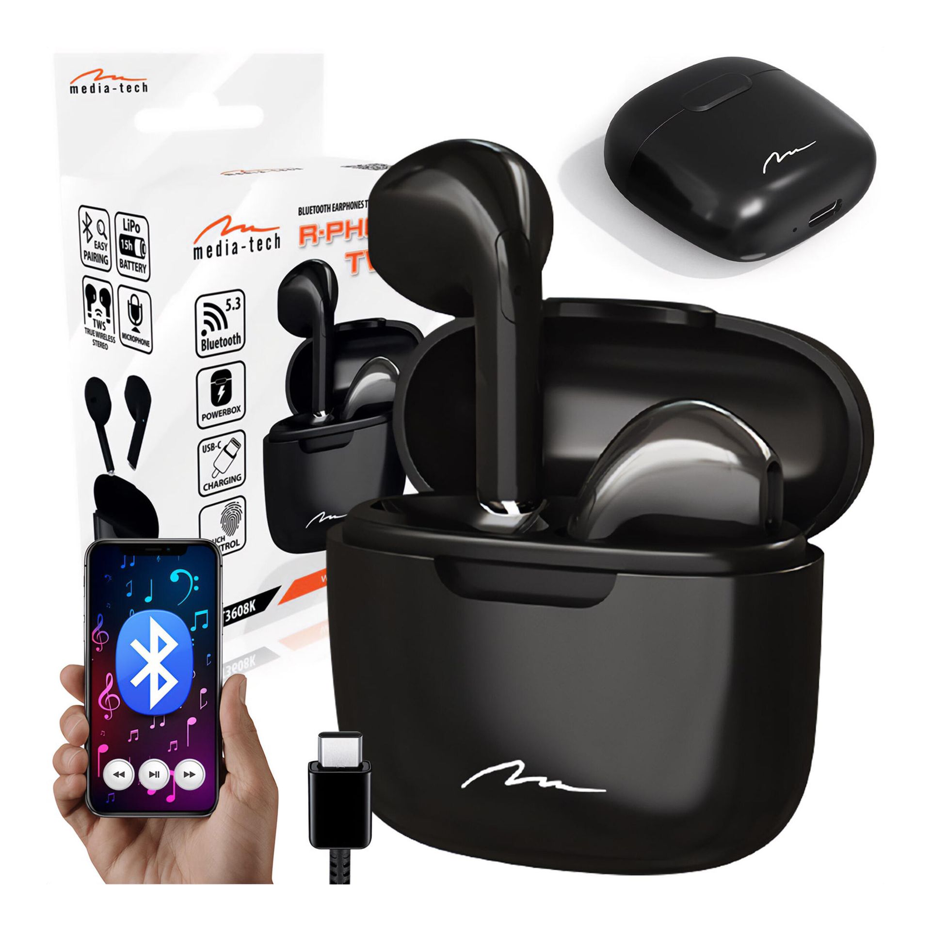 MT3608K R-PHONES TWS+ - Mini douszne słuchawki bezprzewodowe Bluetooth 5.3 TWS z powerboxem USB-C - czarne