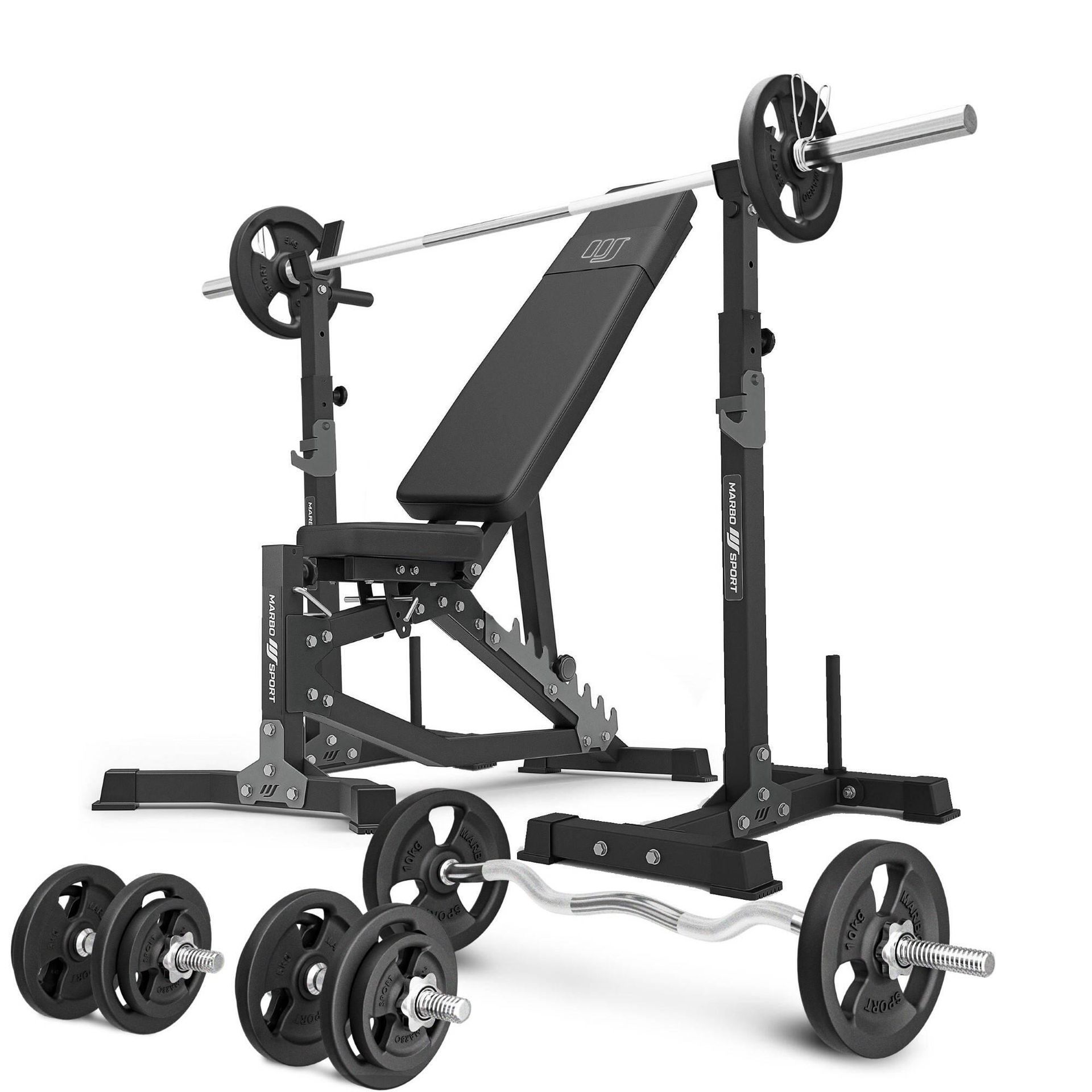 Zestaw MS30_2.0_83KG | Dwustronnie regulowana ławka treningowa + wielopoziomowe stojaki (2 sztuki) pod sztangę z asekuracją  + zestaw gryfów i obciążeń 83 kg - Marbo Sport