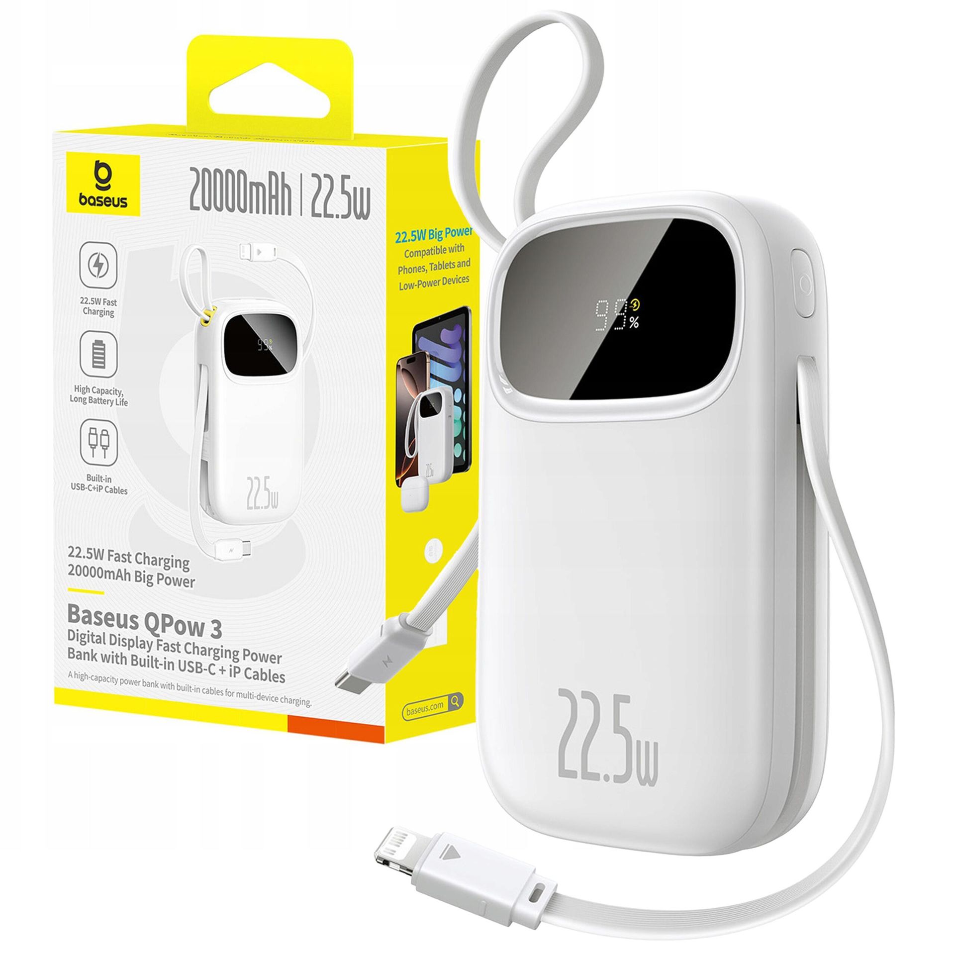Powerbank Baseus EnerFill FC31 20000mAh 22.5W z wyświetlaczem cyfrowym i 2 wbudowanymi kablami USB-C + Lightning - biały