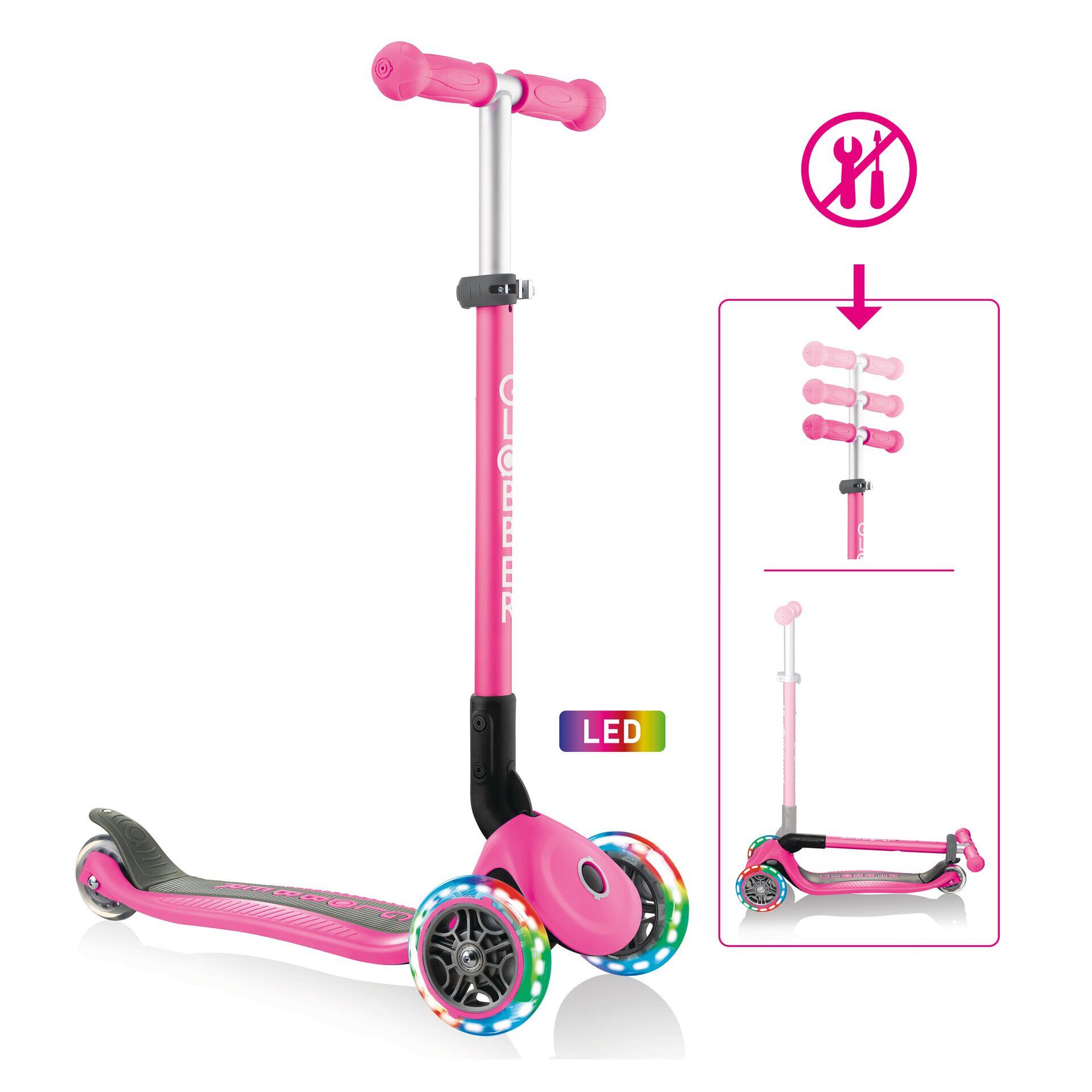 Globber Primo Foldable Lights Dzieci Klasyczny skuter Różowy, Scooter 4897070184909