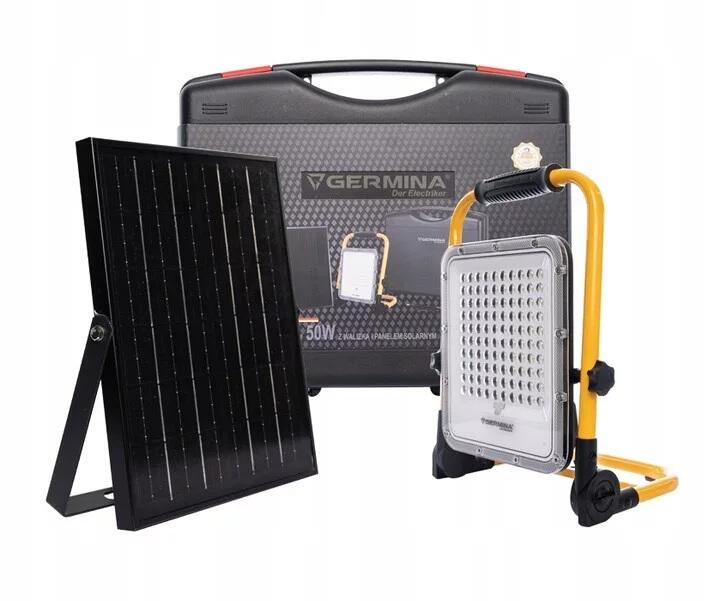 Naświetlacz LED przenośny z akumulatorem 50W b.neutralna 4000K HERKULES 2.0 z panelem solarnym do ładowania pakowany w walizkę GERMINA