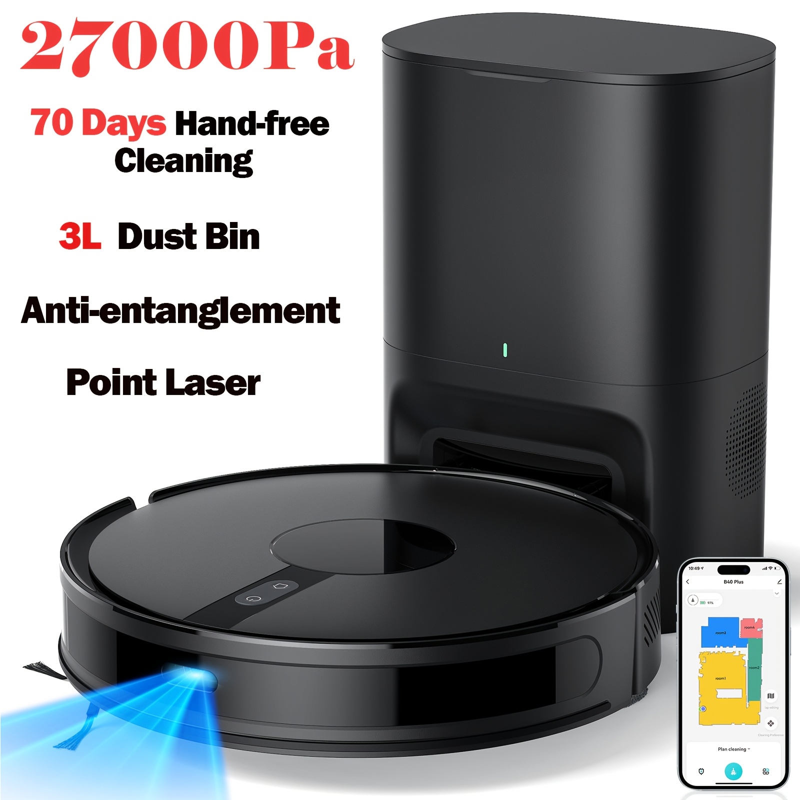 TEMU Lubluelu B40 Plus Robot Odkurzający i Mop w Jednym Moc ssania 27000Pa, Samoopróżnianie, Ultra-cienkie Ciało 3.93 cala, Rozwiązanie 3w1 do