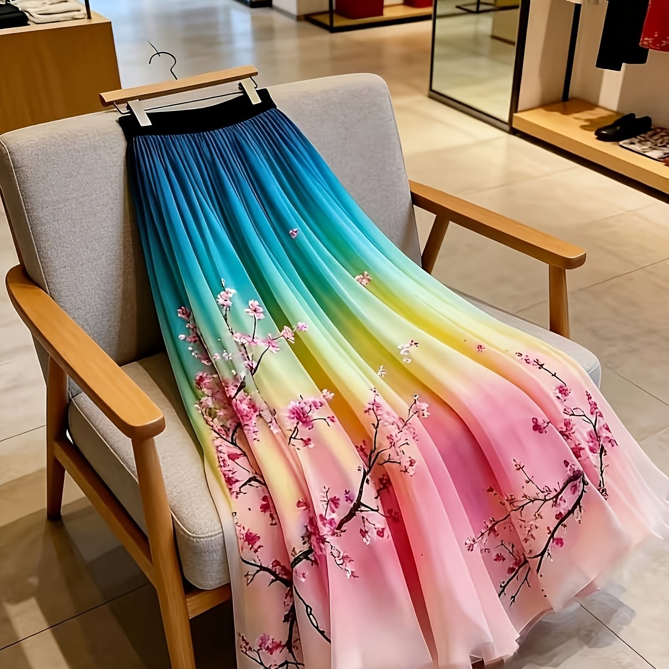 TEMU Wiosenno-letnia elegancka spódnica midi w kształcie litery A z nadrukiem w gradientowe kolory i warstwową szyfonową nakładką, elegancka spódnica