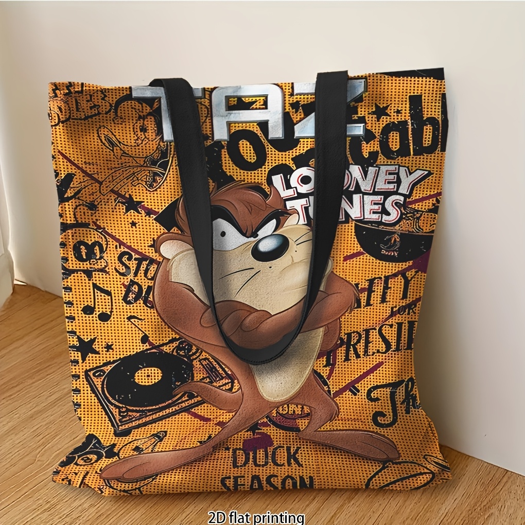 TEMU 1 szt. Torba płócienna Tote z motywem postaci z kreskówki Tasmanian Devil, pomarańczowo-czarna, personalizowana, nadrukowana, torba na zakupy,