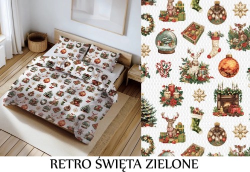 Pościel 100% BAWEŁNA Renforce 160x200cm (poszwa) + 2x 70x80cm (poszewki) Wykończenie satynowe RETRO ŚWIĘTA ZIELONE