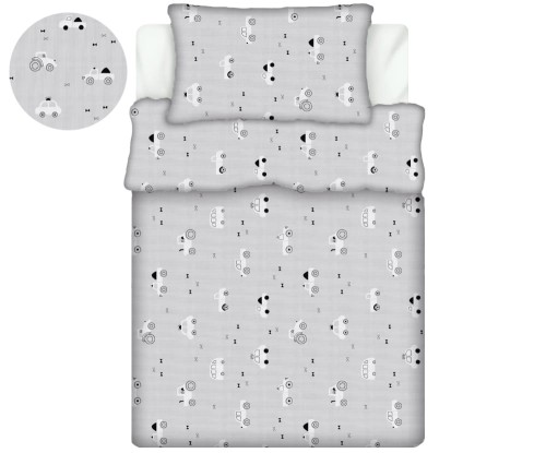 Pościel 100% BAWEŁNA Renforce DLA DZIECI 135x100cm (poszwa) + 1x 40x60cm (poszewka) Do łóżeczka, przedszkola, żłobka Wykończenie satynowe AUTKA BIAŁE NA SZARYM
