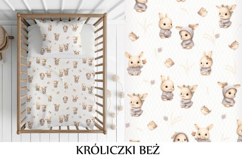 Pościel 100% BAWEŁNA Renforce DLA DZIECI 90x120cm (poszwa) + 1x 40x60cm (poszewka) Do łóżeczka Wykończenie satynowe KRÓLICZKI BEŻ